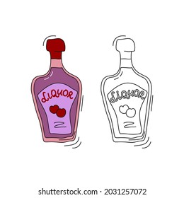 Liquor on white background. Two kinds beverage. Cartoon sketch graphic design. Doodle style with black contour line. Colored hand drawn bottle. Party drinks concept. Freehand drawing style. Vector.
