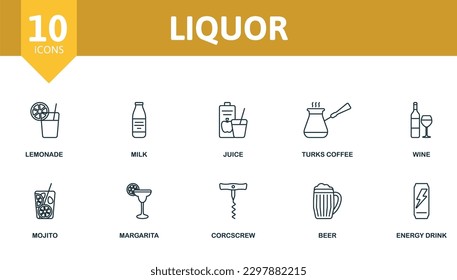 Liquor outline set. Creative icons: lemonade, milk, juice, turks coffee, wine, mojito, margarita, corcscrew, beer, energy drink.