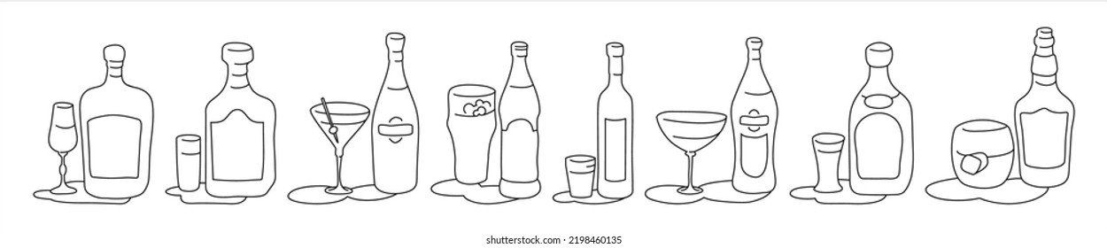 Liquor rum martini beer vodka vermouth tequila whiskey bottle and glass outline icon on white background. Black white cartoon sketch graphic design. Doodle style. Vector hand drawn image. Party drinks