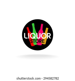 Liquor store logo. Colorful alcohol bottles in a round black shape with text.