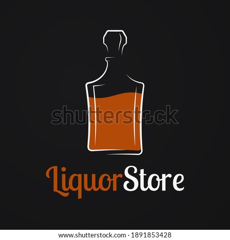 Liquor store logo. Whiskey bottle or decanter of cognac, bourbon, brandy, rum on black background