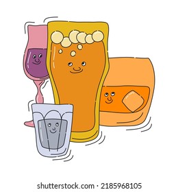 Liquor vodka beer whiskey glassware with smile face on white background. Cartoon sketch. Doodle style with black contour line. Cute hand drawn glass. Party drinks concept. Kawaii freehand drawing