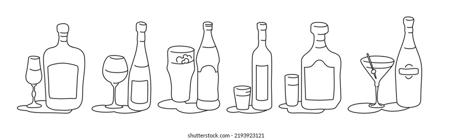Liquor wine beer vodka rum martini bottle and glass outline icon on white background. Black white cartoon sketch graphic design. Doodle style. Hand drawn image. Party drinks concept. Freehand drawing