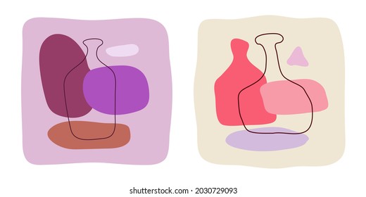 Liquor and wine bottle on abstract backdrop. Hand drawn doodle various shapes, spots. Vector contemporary modern trendy illustration. Minimalistic сoncept of alcoholic beverages in flat style design.