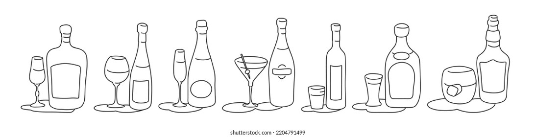 Liquor wine champagne martini vodka tequila whiskey bottle and glass outline icon on white background. Black white cartoon sketch graphic design. Doodle style. Hand drawn image. Party drinks concept.
