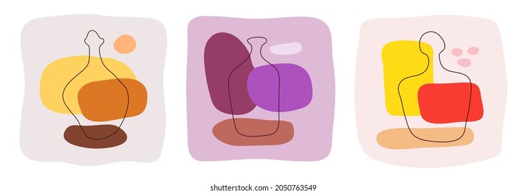 Liquor, wine and rum bottle on abstract background. Hand drawn doodle various shapes, spots. Contemporary modern trendy illustration. Minimalistic сoncept of alcoholic beverages in flat style design.
