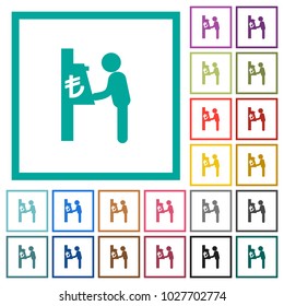 Lira cash machine flat color icons with quadrant frames on white background