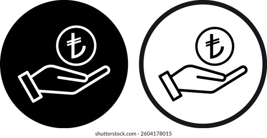 Lira on hand icon set in two styles . Hand and Turkish lira icon . Vector illustration