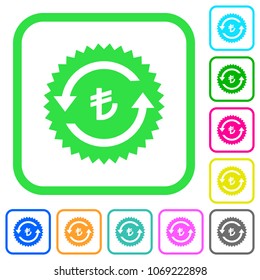 Lira pay back guarantee sticker vivid colored flat icons in curved borders on white background