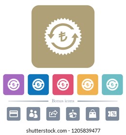 Lira pay back guarantee sticker white flat icons on color rounded square backgrounds. 6 bonus icons included