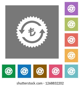 Lira pay back guarantee sticker flat icons on simple color square backgrounds