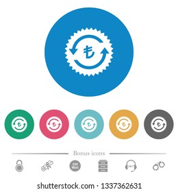 Lira pay back guarantee sticker flat white icons on round color backgrounds. 6 bonus icons included.