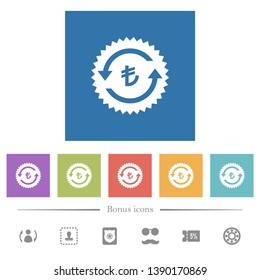 Lira pay back guarantee sticker flat white icons in square backgrounds. 6 bonus icons included.