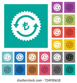 Lira pay back guarantee sticker multi colored flat icons on plain square backgrounds. Included white and darker icon variations for hover or active effects.