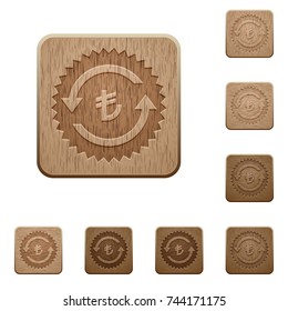 Lira pay back guarantee sticker on rounded square carved wooden button styles