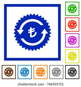 Lira pay back guarantee sticker flat color icons in square frames on white background