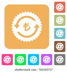 Lira pay back guarantee sticker flat icons on rounded square vivid color backgrounds.