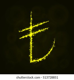 Lira Sign Illustration Icon, Lights Silhouette on Dark Background. Glowing Lines and Points