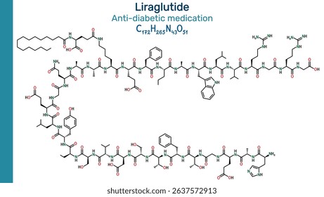 Liraglutide molecule. Modified GLP-1 receptor agonist used for type 2 diabetes and weight management. Medical peptide structure illustration