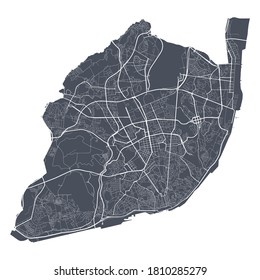 Lisboa map. Detailed vector map of Lisboa city administrative area. Cityscape poster metropolitan aria view. Dark land with white streets, roads and avenues. White background.