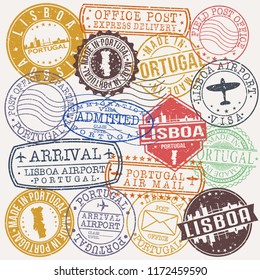 Lisboa Portugal Stamp Vector Art Postal Passport Travel Design Set Badge Rubber.