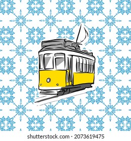 Lisboa tram on blue background. Vector patterns abstract background for web backdrop, print, pillows, surface texture, wallpaper.