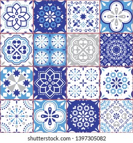 Lisbon Azujelo vector seamless tiles design - Portuguese retro navy blue pattern, tile big collection. Ornamental textile background inspired by indigo Spanish and Portuguese traditional tiles 