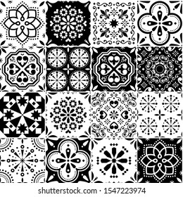 Lisbon Azujelo vector seamless tiles design - Portuguese retro black and white pattern, tile big collection. Ornamental textile monochrome background inspired by Spanish and Portuguese traditional