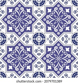 Lisbon Azulejo tile seamless vector pattern in navy blue, Portuguese retro design with geometric tiles.

Retro traditional floral background, wallpaper inspired by tile art from Portugal
