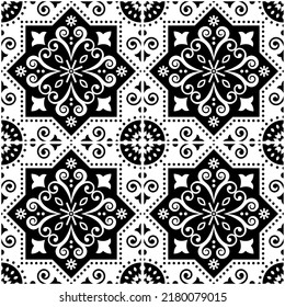 Lisbon Azulejo tile seamless vector pattern in black and white, Portuguese retro design with geometric tiles. Retro traditional floral monochrome background, wallpaper inspired by art from Portugal