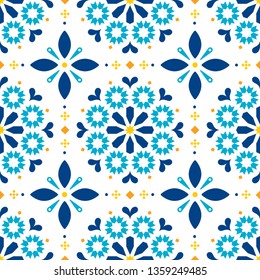 Lisbon Azulejos tiles seamless vector pattern - Portuguese retro old tile mosaic, decorative design in turqouoise and yellow. Ornamental textile background inspired by Spanish and Portuguese tiles