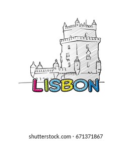 Lisbon beautiful sketched icon, famous hand-drawn landmark, city name lettering, vector illustration