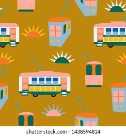 Lisbon buses and sun in a seamless pattern design.Vector repeated pattern design, that can be used both for web or in print