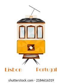 Lisbon, capital city of Portugal. Iconic yellow Lisbon tram. Travel and tourism concept, modern low poly design. Hand drawn, vector eps 10.