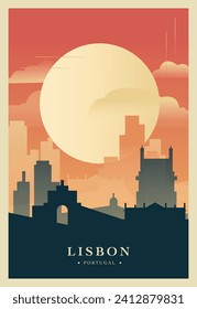 Lisbon city brutalism poster with abstract skyline, cityscape retro vector illustration. Portugal capital travel guide cover, brochure, flyer, leaflet, business presentation template image