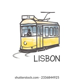 Lisbon city landmark famous vintage yellow tram #28, the oldest european public transport of the Old Town, Lisbon, Portugal. Retro poster tourist attraction vector illustration.