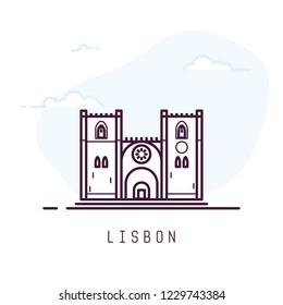 Lisbon city line style illustration. Famous cathedral in Lisbon. Architecture city symbol of Portugal. Outline building vector illustration. Sky clouds on background. Travel and tourism banner.