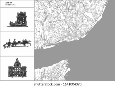 Lisbon city map with hand-drawn architecture icons. All drawigns, map and background separated for easy color change. Easy repositioning in vector version.