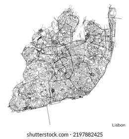 Lisbon city map with roads and streets, Portugal. Vector outline illustration.