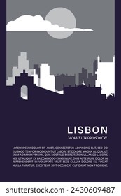 Lisbon city minimalistic poster with skyline, cityscape retro vector illustration. Portugal abstract travel front cover, brochure, flyer, leaflet, flier, template, layout