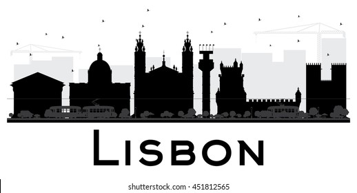 Lisbon City skyline black and white silhouette. Vector illustration. Simple flat concept for tourism presentation, banner, placard or web site. Business travel concept. Cityscape with landmarks