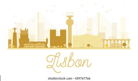 Lisbon City skyline golden silhouette. Vector illustration. Simple flat concept for tourism presentation, banner, placard or web site. Cityscape with famous landmarks