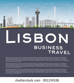 Lisbon city skyline with grey buildings, blue sky and copy space. Business travel and tourism concept with place for text. Image for presentation, banner, placard and web site. Vector illustration
