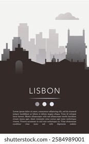 Lisbon city template for website, presentation, front page, invitation, publication sheet with skyline, landmarks. Vector Portugal image layout, simple and grayscale