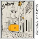 Lisbon city tram vector illustration, Lisbon Portugal travel vector art, European travel hand drawn graphic print 