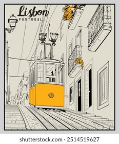 Lisbon city tram vector illustration, Lisbon Portugal travel vector art, European travel hand drawn graphic print 