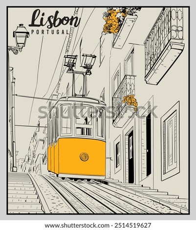 Lisbon city tram vector illustration, Lisbon Portugal travel vector art, European travel hand drawn graphic print 