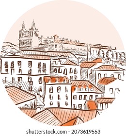 Lisbon city view drawing. Watercolor sketch with cityscape - hand drawn sketch illustration in vector.