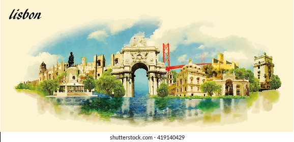 LISBON city water color panoramic vector illustration