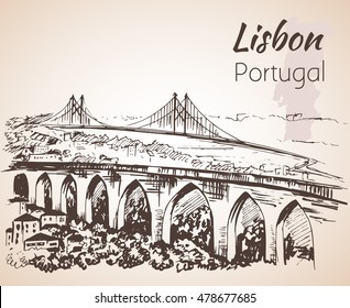 Lisbon cityscape with bridges - hand drawn sketch. Isolated on white background